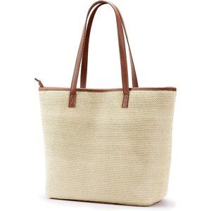 Women PU Leather Tote Beach Zipper Pocket Travel Picnic Striped Shoulder Handbag